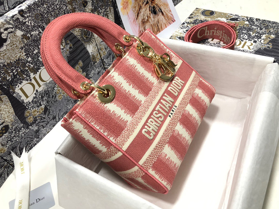 Dior Lady D-Lite Medium Bag In Pink Five Grid Embroidery Stripes