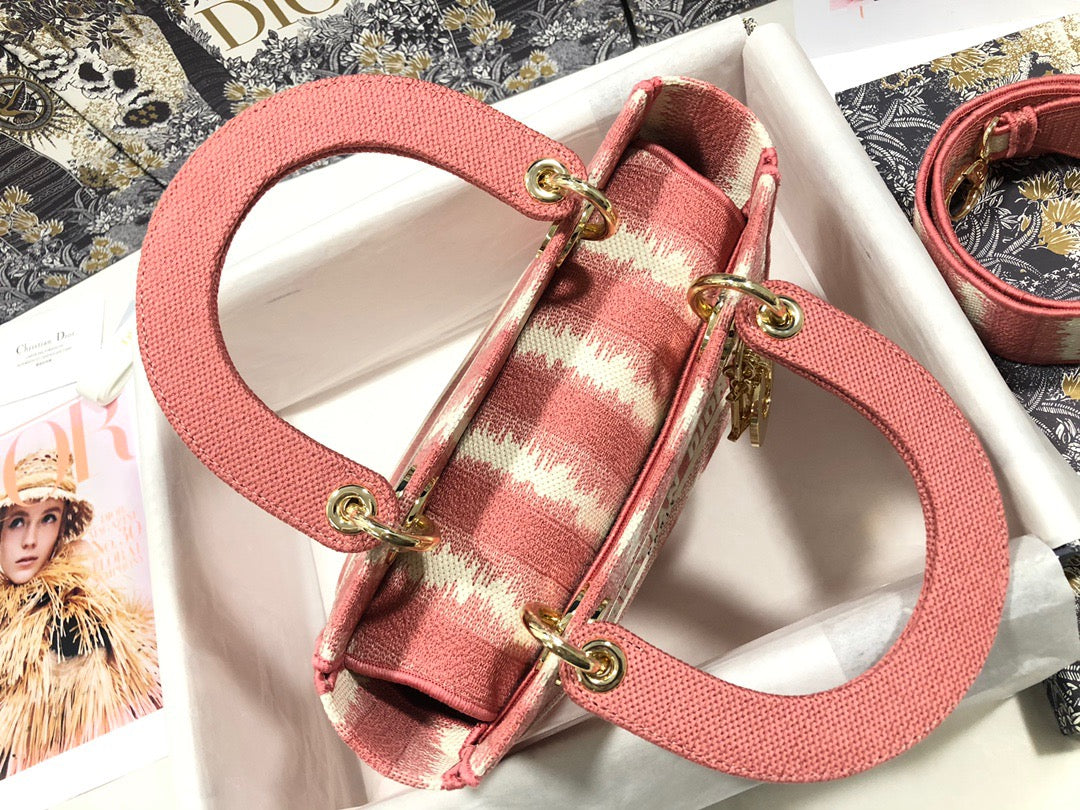 Dior Lady D-Lite Medium Bag In Pink Five Grid Embroidery Stripes