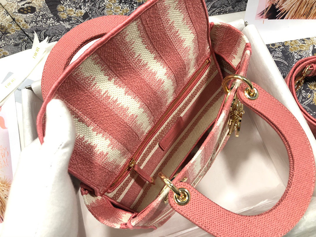 Dior Lady D-Lite Medium Bag In Pink Five Grid Embroidery Stripes