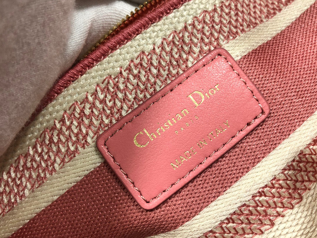 Dior Lady D-Lite Medium Bag In Pink Five Grid Embroidery Stripes