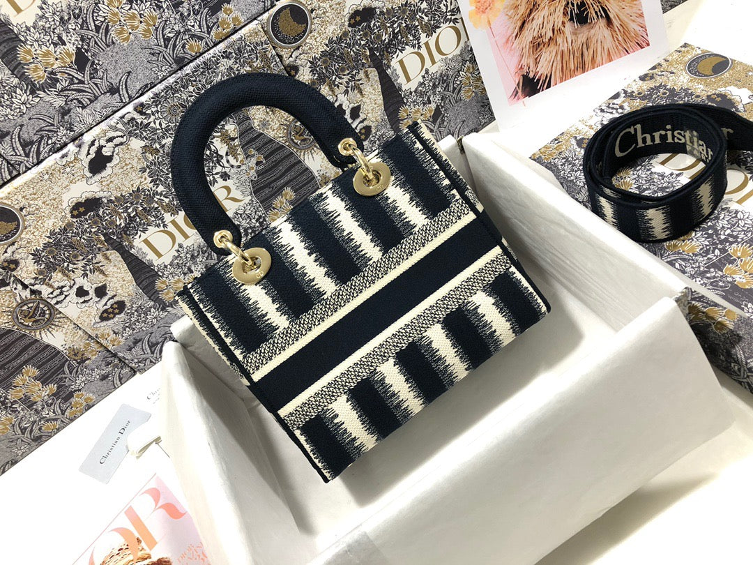 Dior Lady D-Lite Medium Bag In Black Five Grid Embroidery Stripes