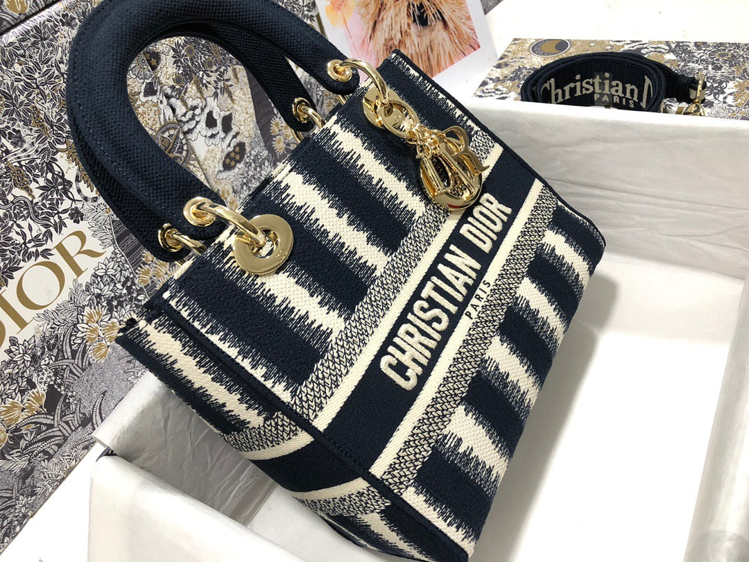 Dior Lady D-Lite Medium Bag In Black Five Grid Embroidery Stripes