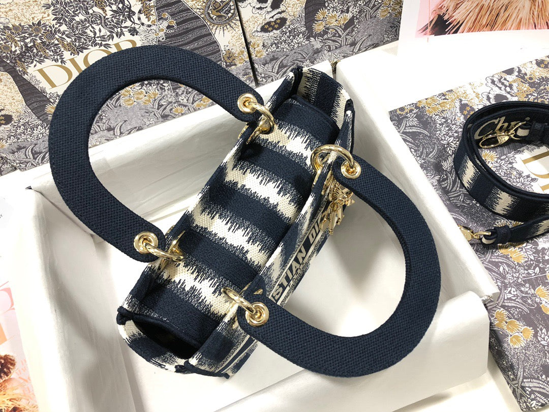 Dior Lady D-Lite Medium Bag In Black Five Grid Embroidery Stripes