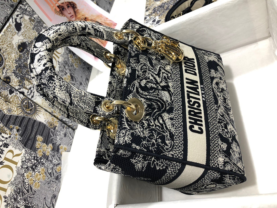 Dior Lady D-Lite Medium Bag In Black Toile de Jouy Embroidery