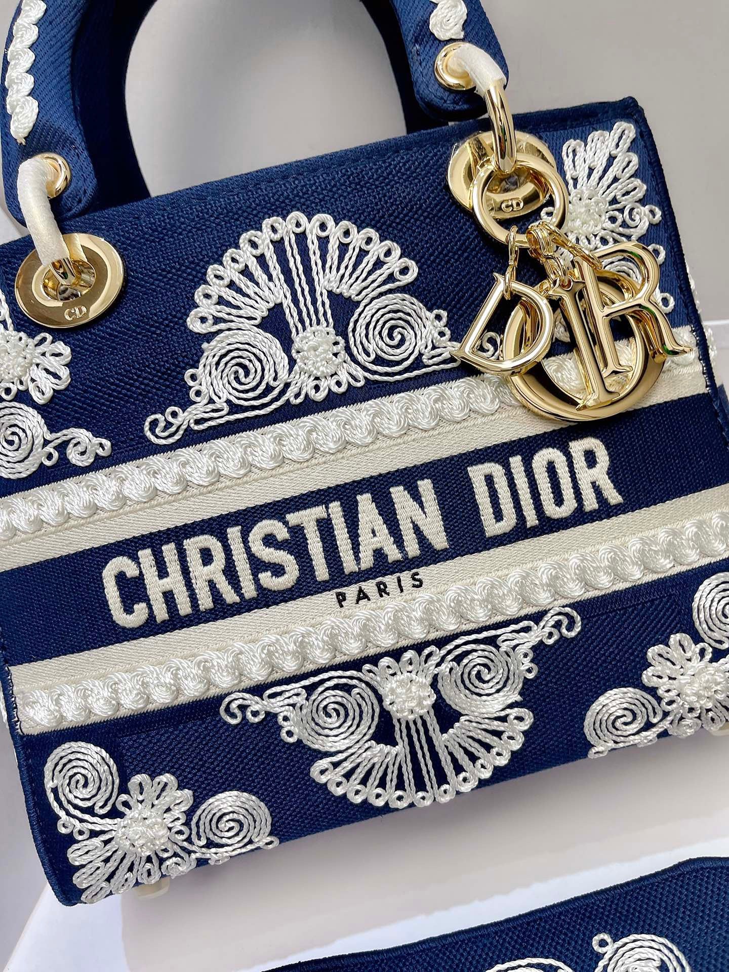 Dior Lady D-Lite Medium Bag In Dark Blue Toile de Jouy Embroidery