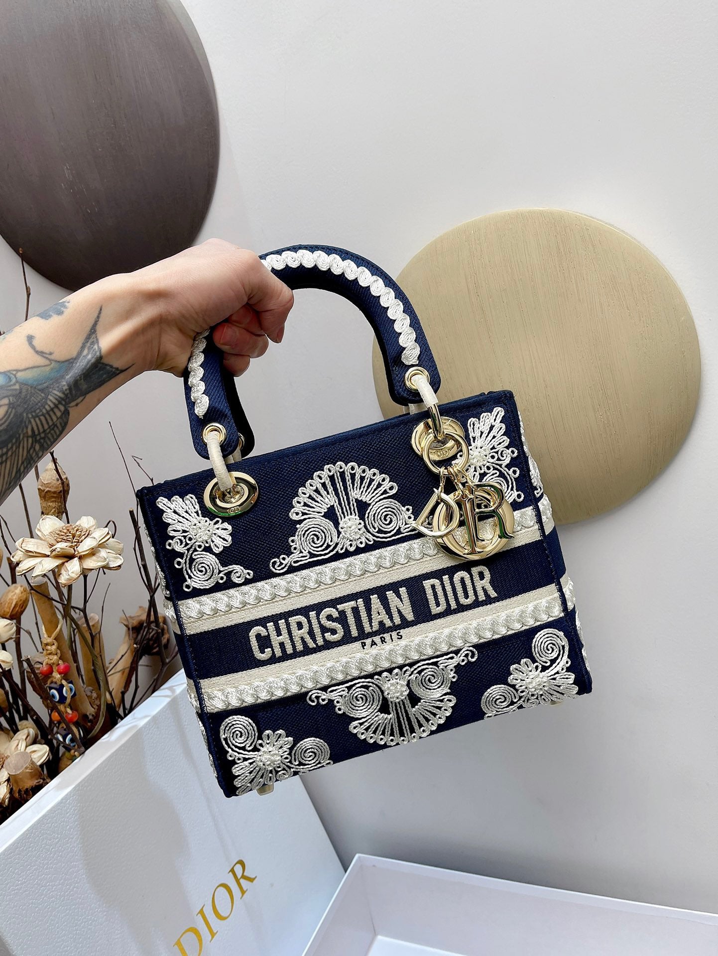 Dior Lady D-Lite Medium Bag In Dark Blue Toile de Jouy Embroidery