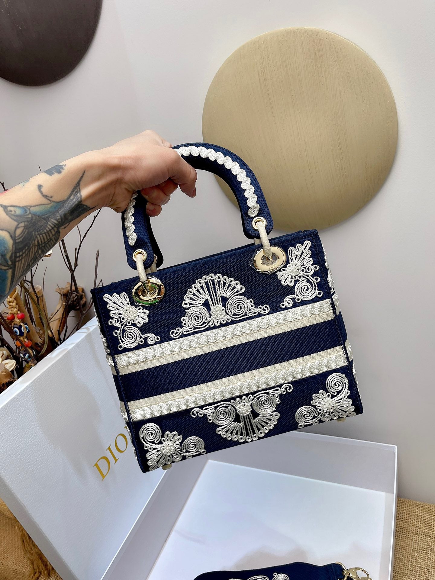 Dior Lady D-Lite Medium Bag In Dark Blue Toile de Jouy Embroidery