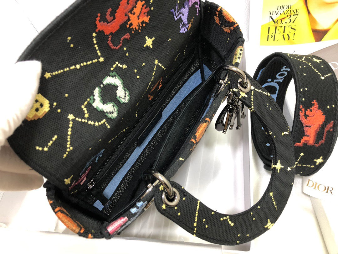 Dior Lady D-Lite Medium Bag In Black Pixel Zodiac Embroidery