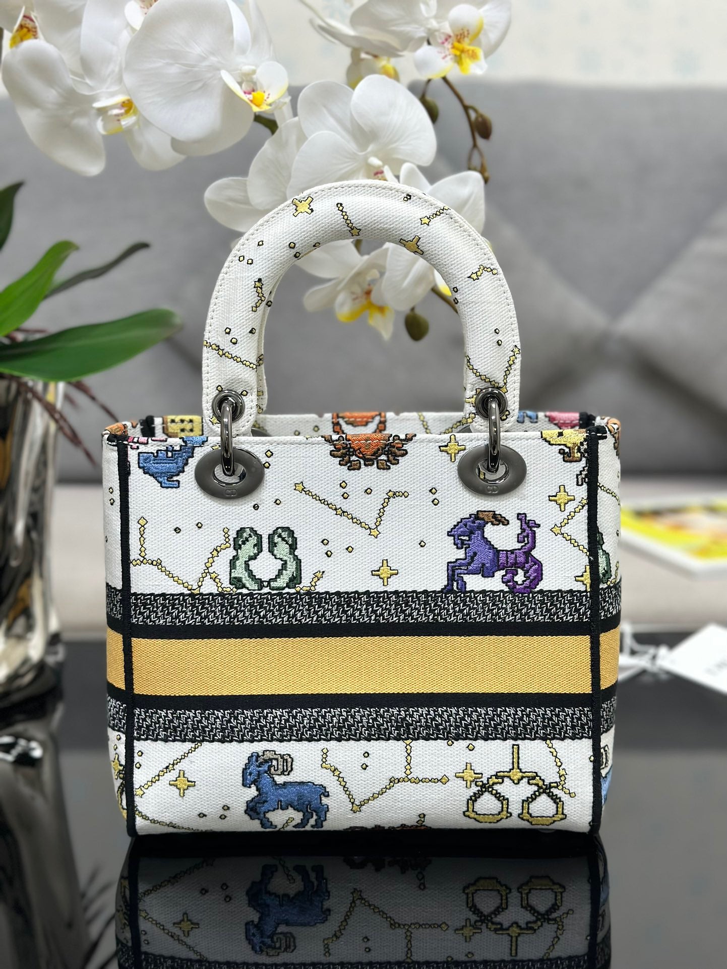 Dior Lady D-Lite Medium Bag In White Pixel Zodiac Embroidery