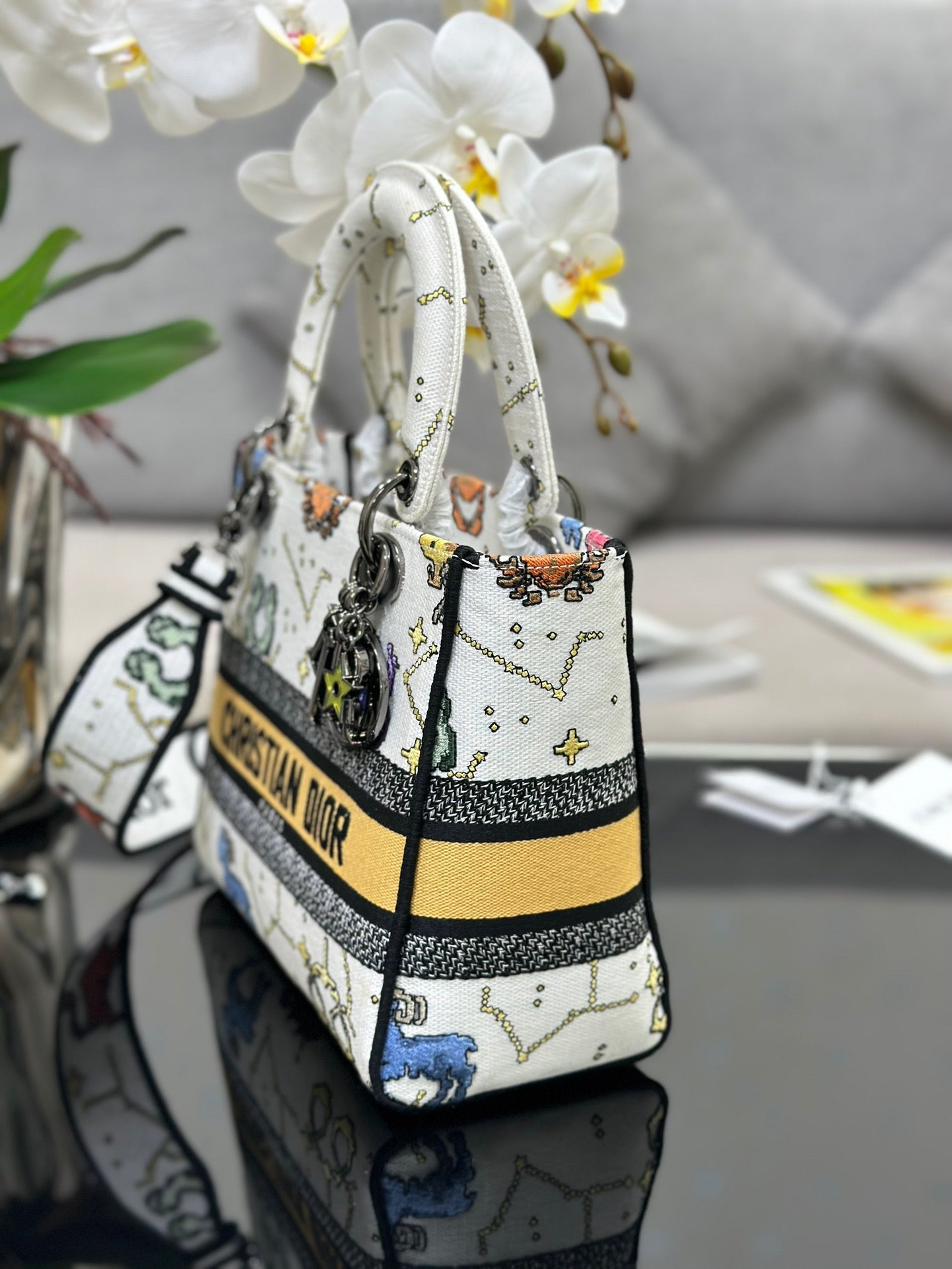 Dior Lady D-Lite Medium Bag In White Pixel Zodiac Embroidery