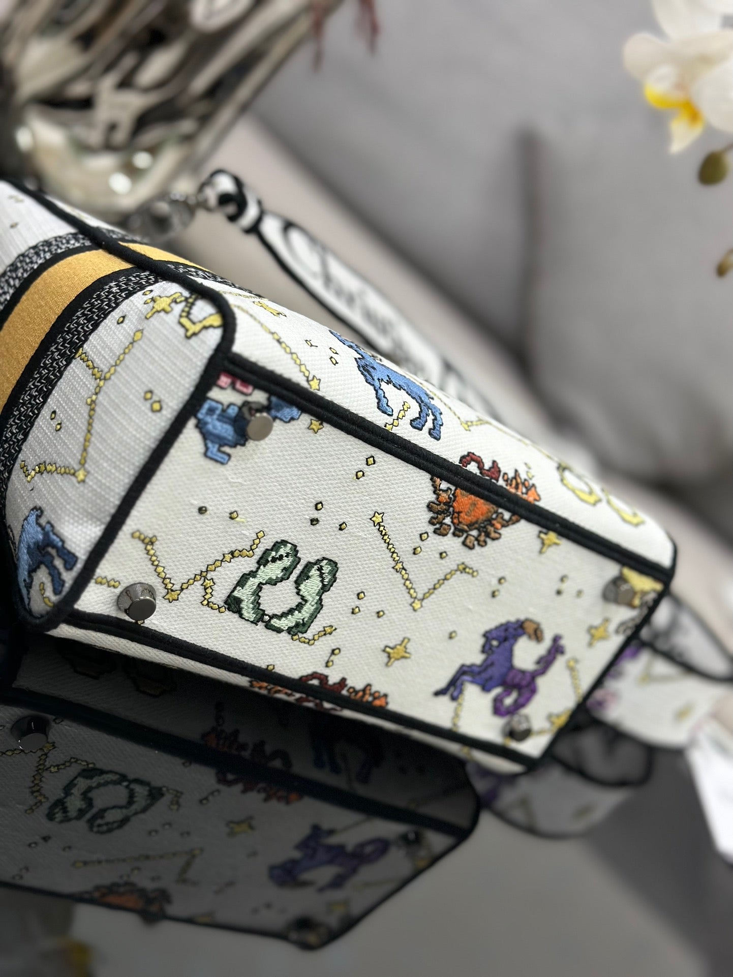 Dior Lady D-Lite Medium Bag In White Pixel Zodiac Embroidery