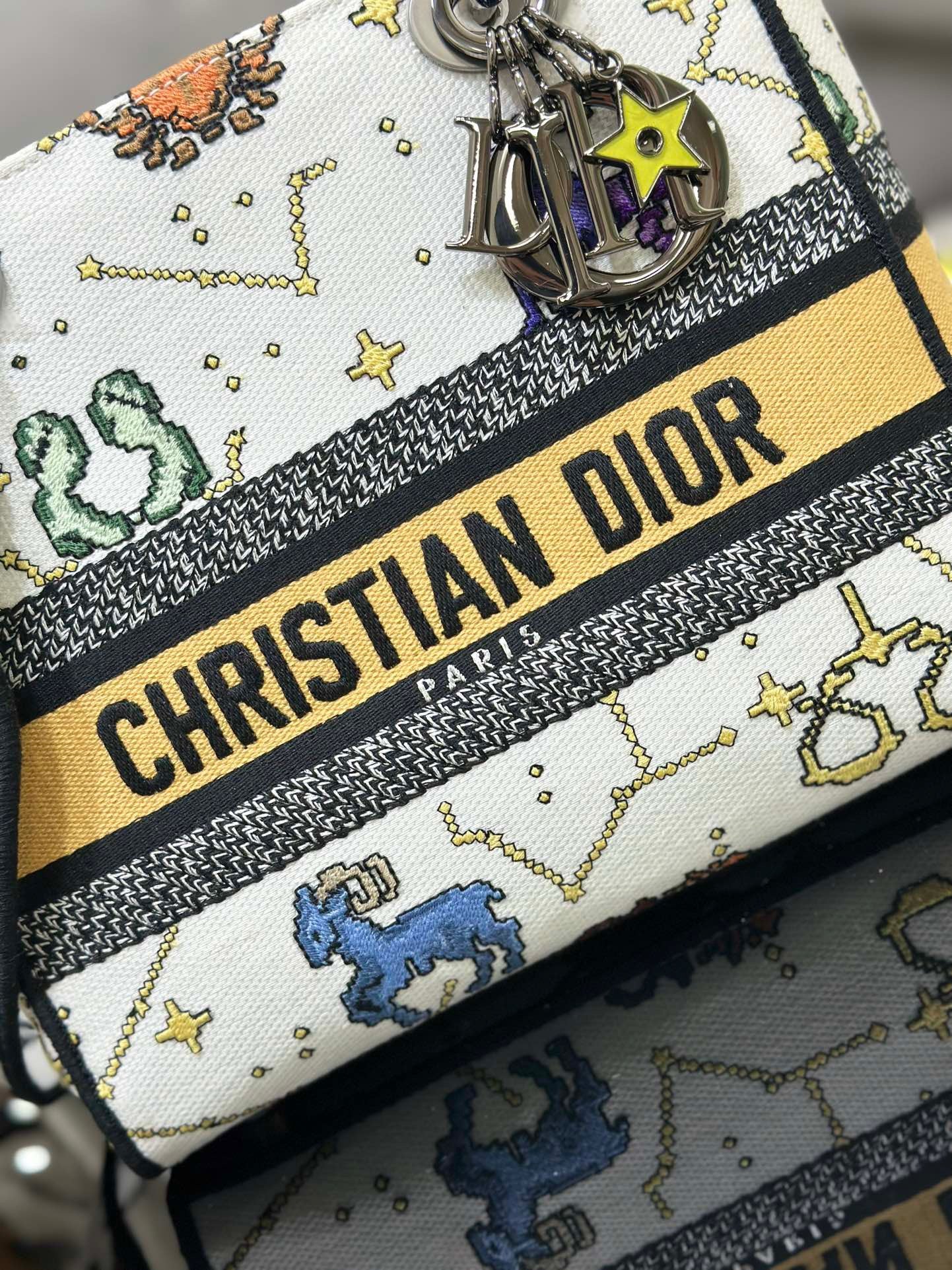 Dior Lady D-Lite Medium Bag In White Pixel Zodiac Embroidery