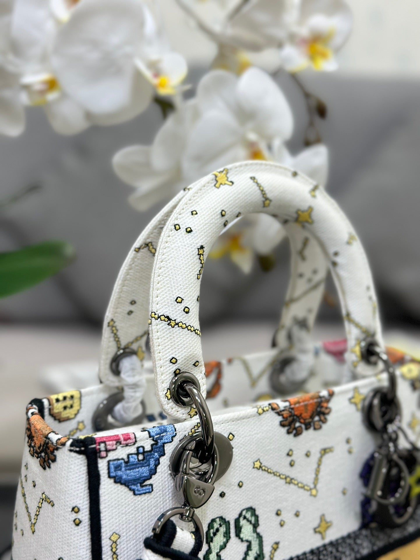 Dior Lady D-Lite Medium Bag In White Pixel Zodiac Embroidery