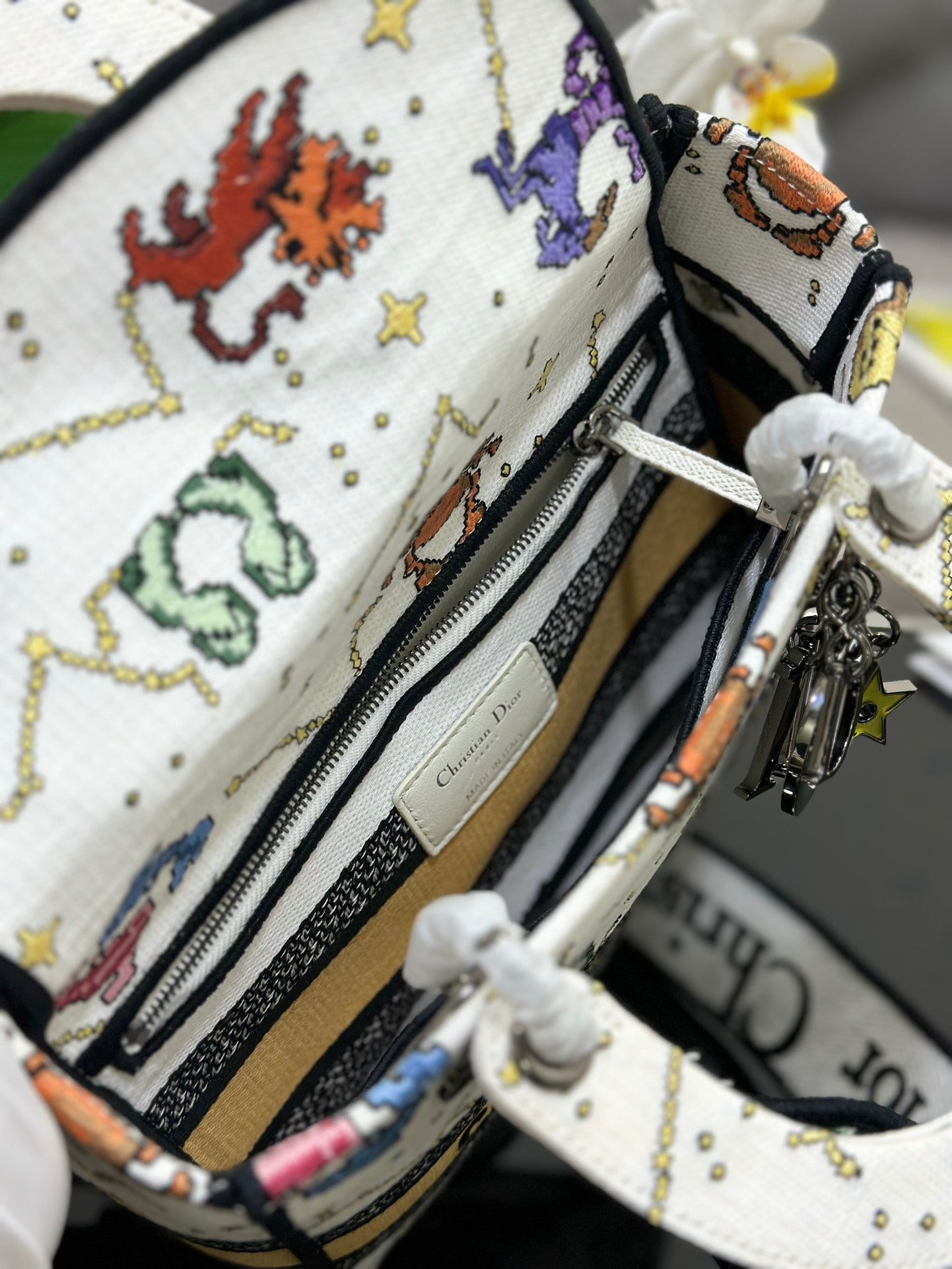 Dior Lady D-Lite Medium Bag In White Pixel Zodiac Embroidery