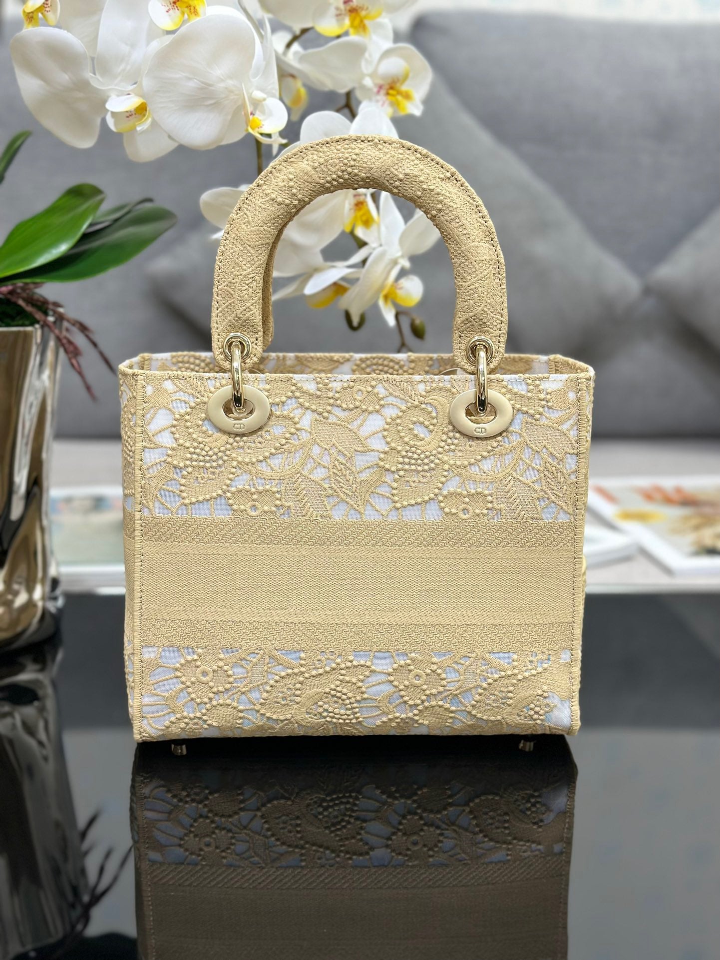 Dior Lady D-Lite Medium Bag in Beige Embroidery with Macrame Effect