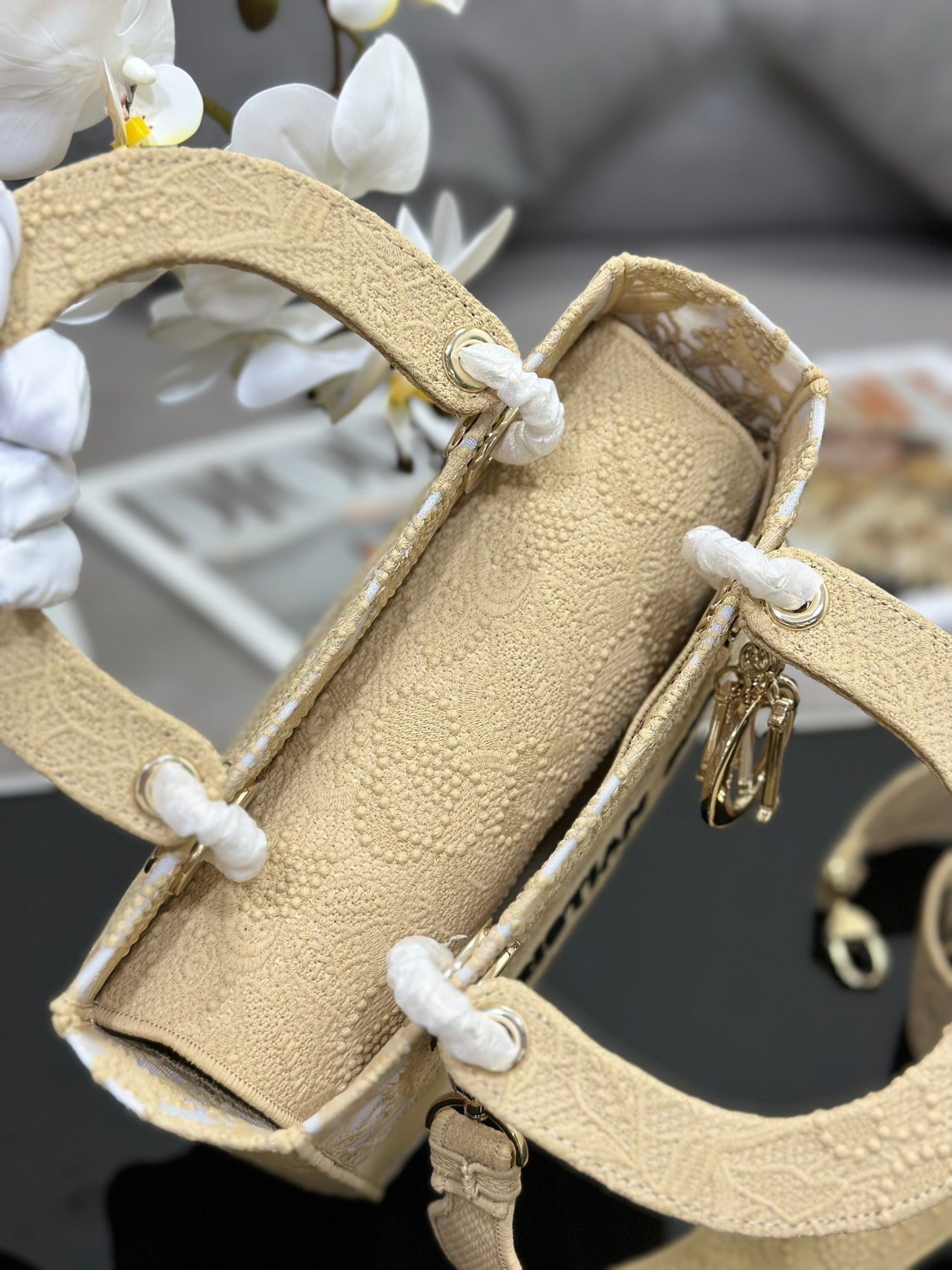 Dior Lady D-Lite Medium Bag in Beige Embroidery with Macrame Effect