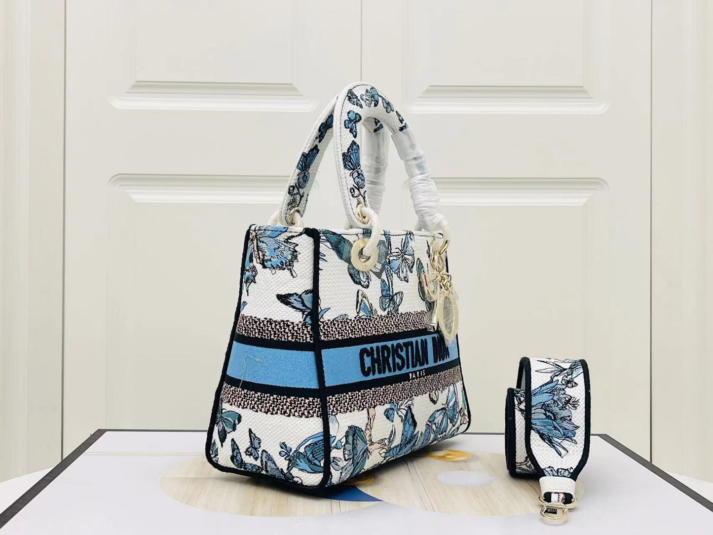 Dior Lady D-Lite Medium Bag In Blue Butterfly Embroidery