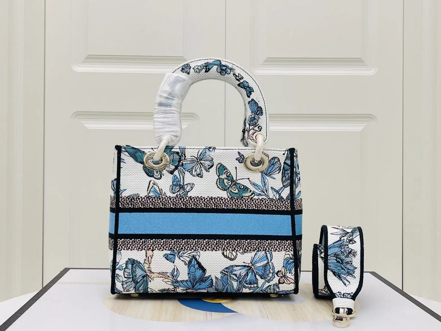 Dior Lady D-Lite Medium Bag In Blue Butterfly Embroidery