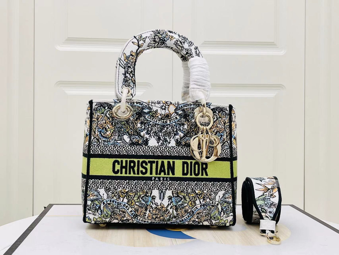 Dior Lady D-Lite Medium Bag In Green Butterfly Embroidery