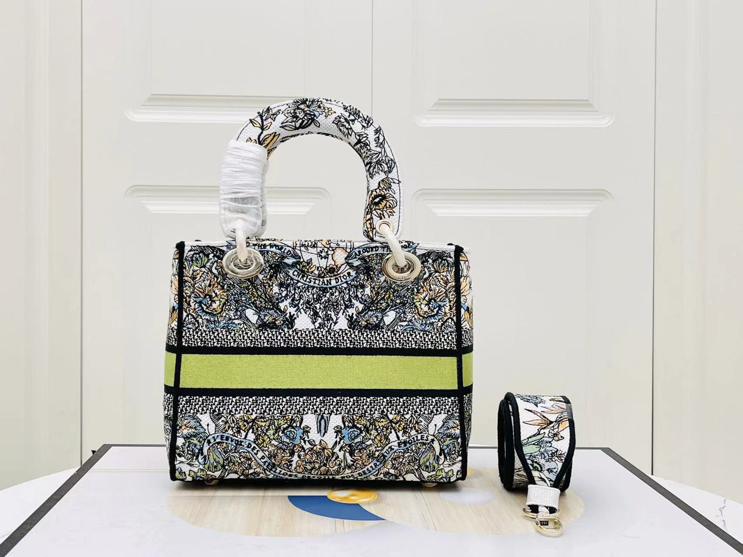 Dior Lady D-Lite Medium Bag In Green Butterfly Embroidery