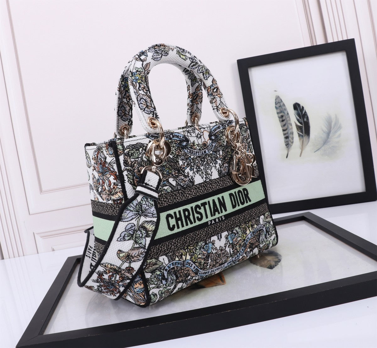 Dior Lady D-Lite Medium Bag In Light Green Butterfly Embroidery