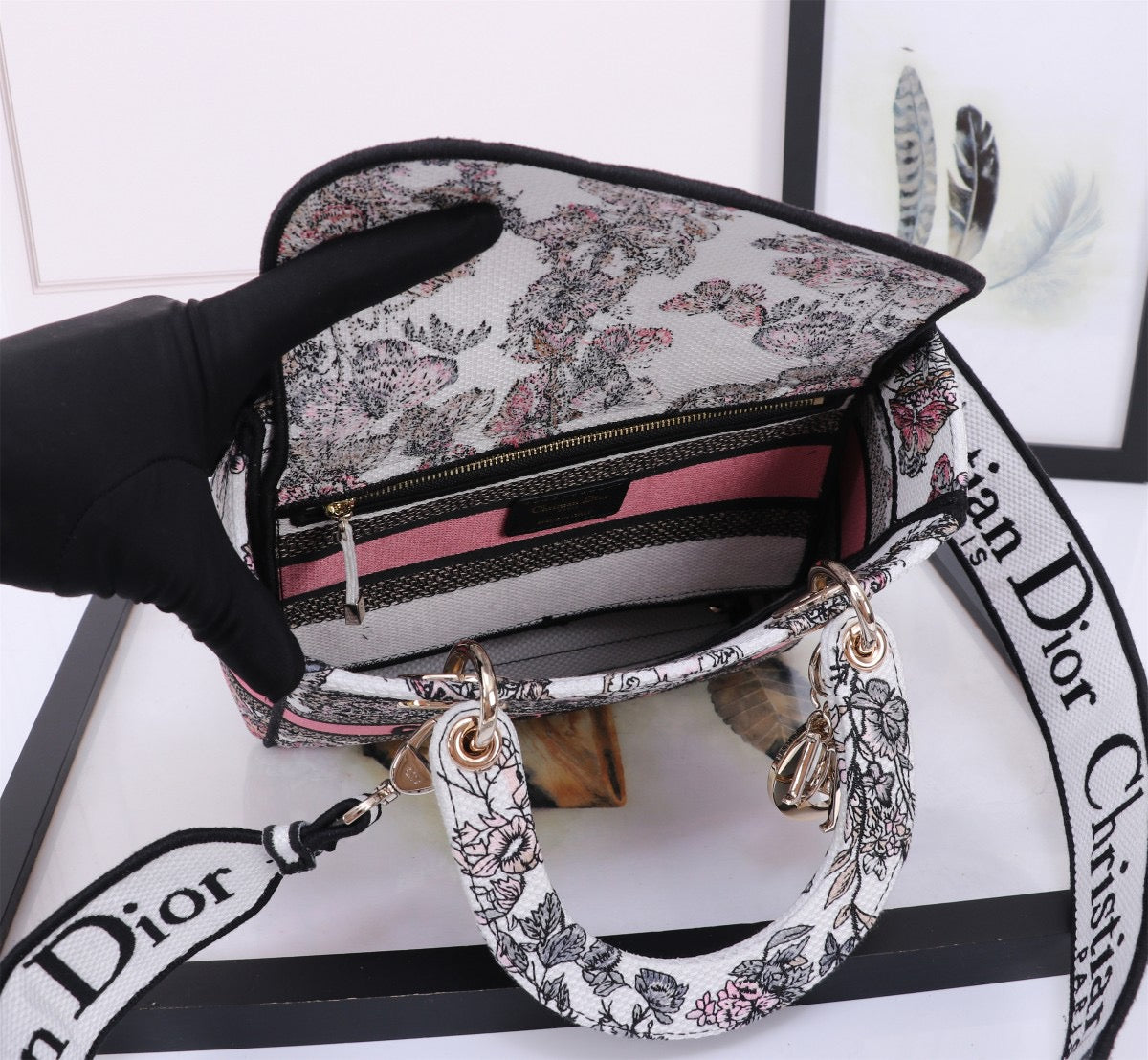 Dior Lady D-Lite Medium Bag In Pink Buterfly Embroidery