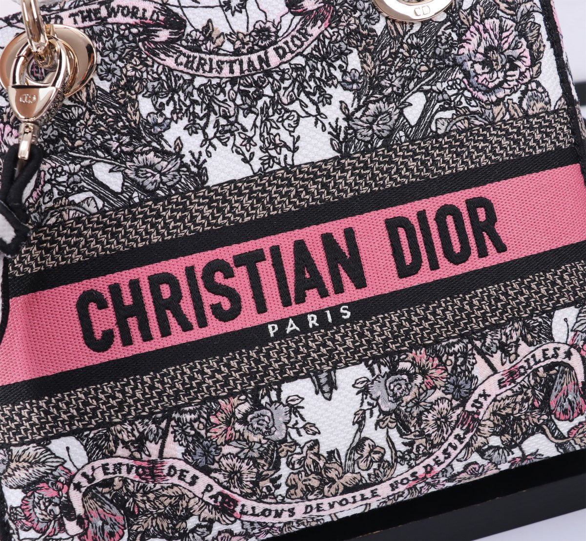 Dior Lady D-Lite Medium Bag In Pink Buterfly Embroidery