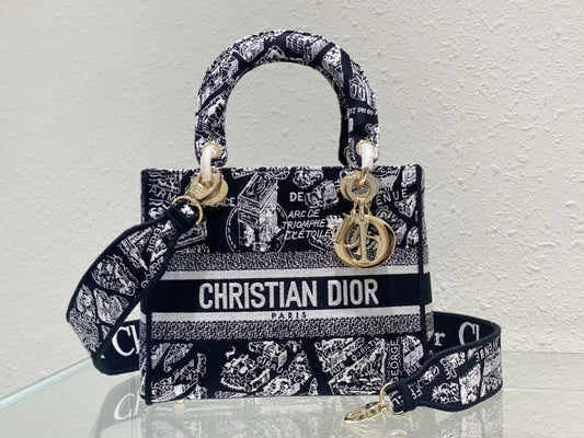 Dior Lady D-Lite Medium Bag In Black Paris Map Embroidery