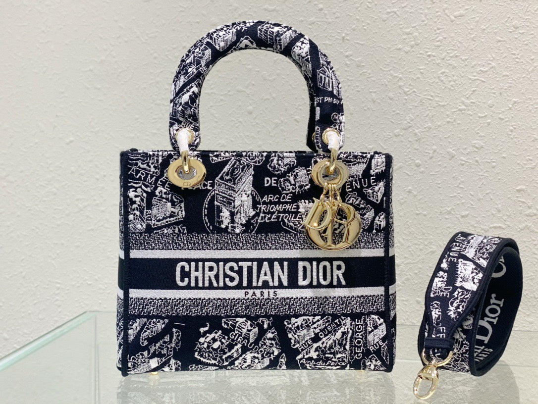 Dior Lady D-Lite Medium Bag In Black Paris Map Embroidery