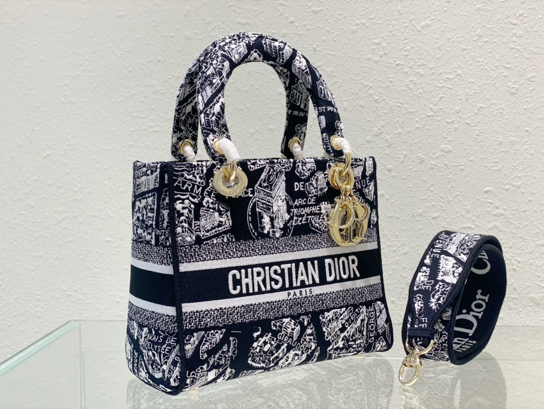 Dior Lady D-Lite Medium Bag In Black Paris Map Embroidery