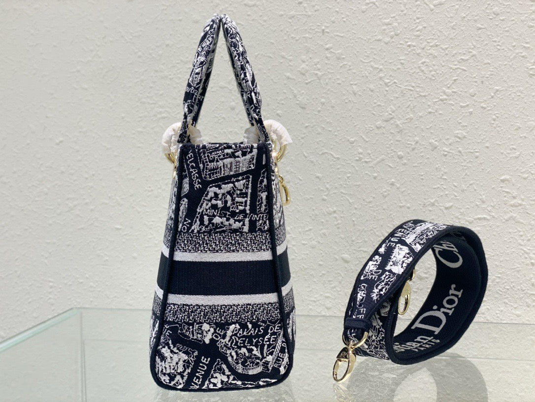 Dior Lady D-Lite Medium Bag In Black Paris Map Embroidery