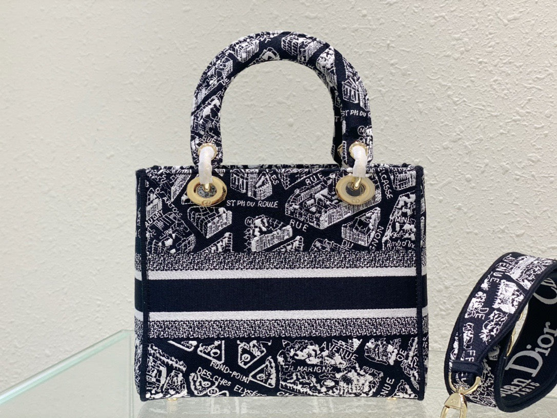 Dior Lady D-Lite Medium Bag In Black Paris Map Embroidery