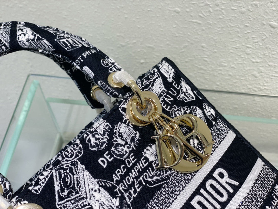 Dior Lady D-Lite Medium Bag In Black Paris Map Embroidery