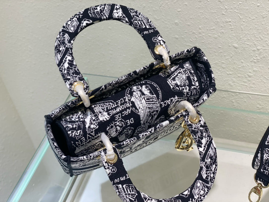 Dior Lady D-Lite Medium Bag In Black Paris Map Embroidery