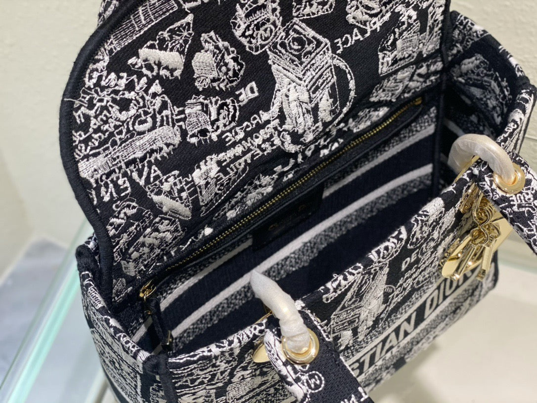 Dior Lady D-Lite Medium Bag In Black Paris Map Embroidery