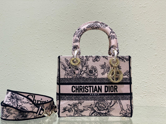 Dior Lady D-Lite Medium Bag In Powder Jardin Botanique Embroidery