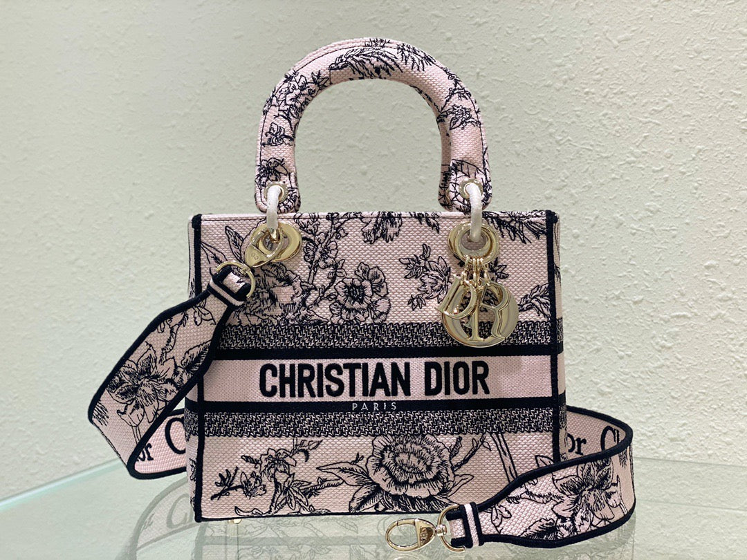 Dior Lady D-Lite Medium Bag In Powder Jardin Botanique Embroidery