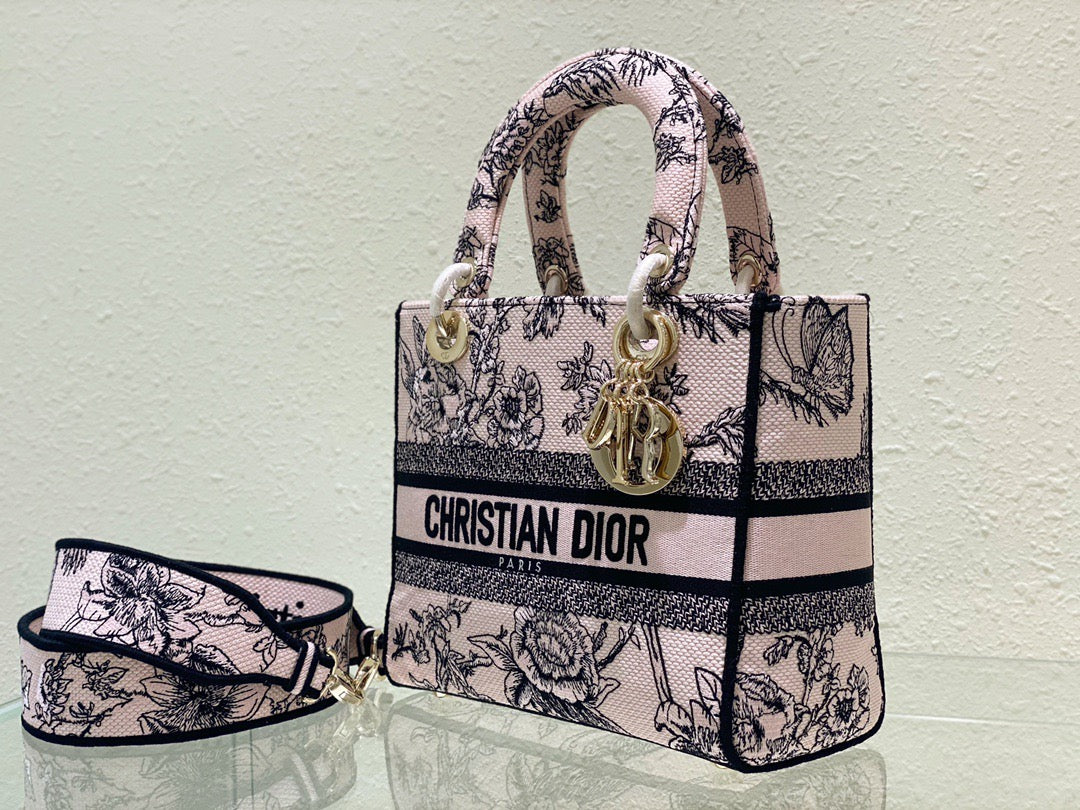 Dior Lady D-Lite Medium Bag In Powder Jardin Botanique Embroidery