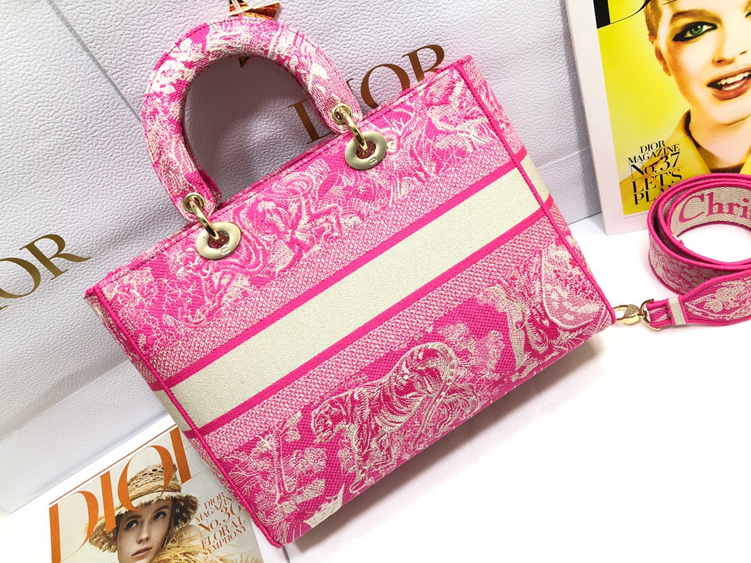 Dior Lady D-Lite Large Bag In Pink Toile de Jouy Embroidery