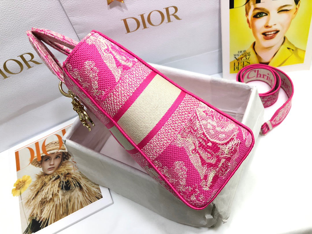 Dior Lady D-Lite Large Bag In Pink Toile de Jouy Embroidery