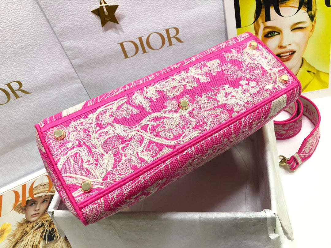 Dior Lady D-Lite Large Bag In Pink Toile de Jouy Embroidery