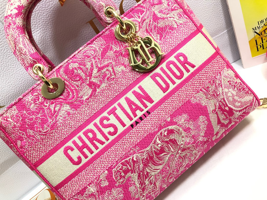 Dior Lady D-Lite Large Bag In Pink Toile de Jouy Embroidery