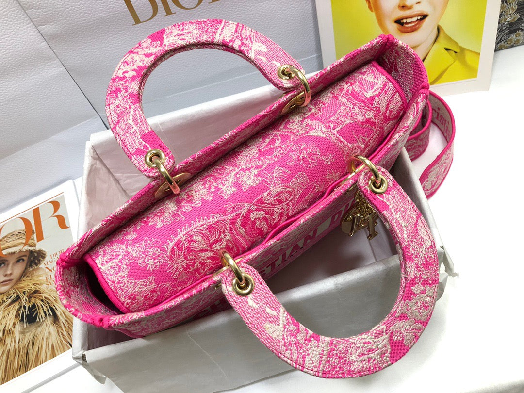 Dior Lady D-Lite Large Bag In Pink Toile de Jouy Embroidery