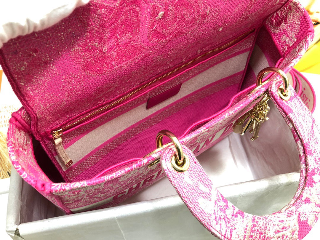 Dior Lady D-Lite Large Bag In Pink Toile de Jouy Embroidery