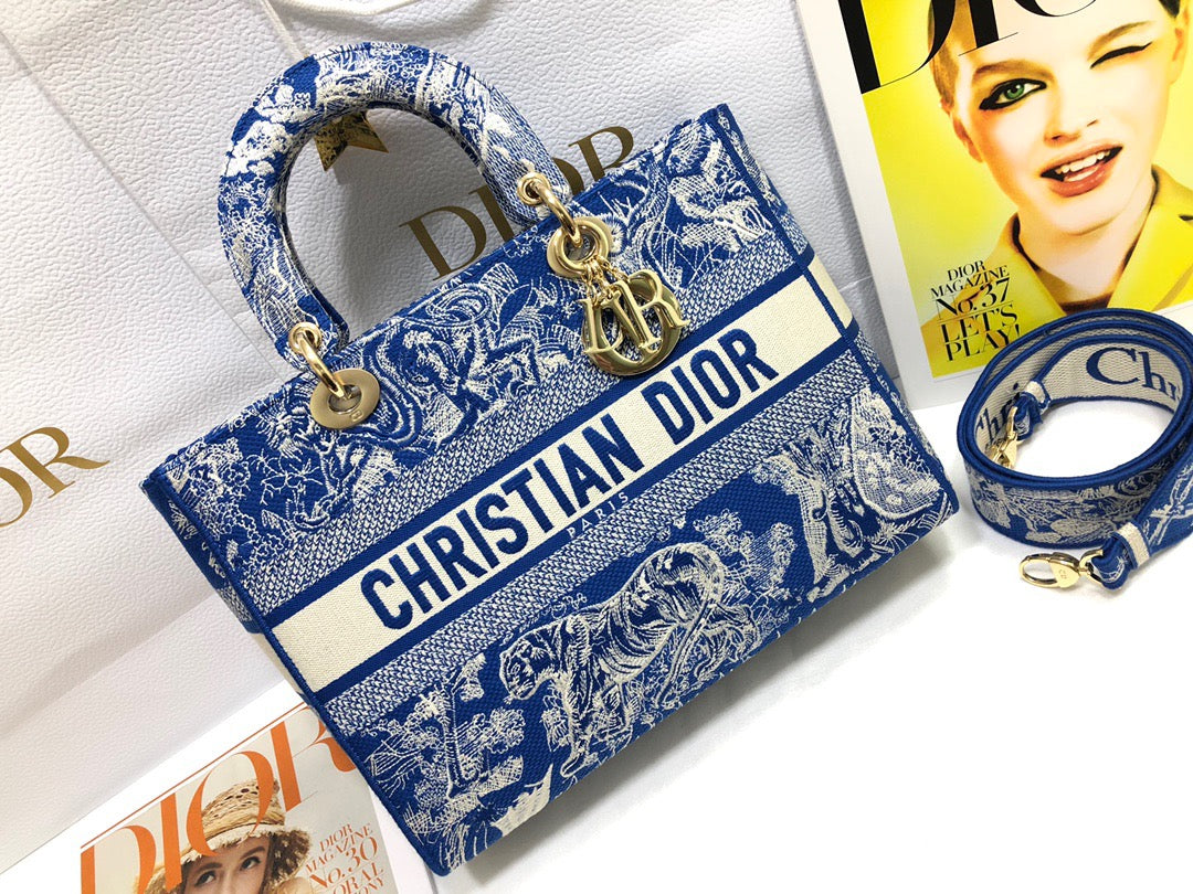 Dior Lady D-Lite Large Bag In Dark Blue Toile de Jouy Embroidery