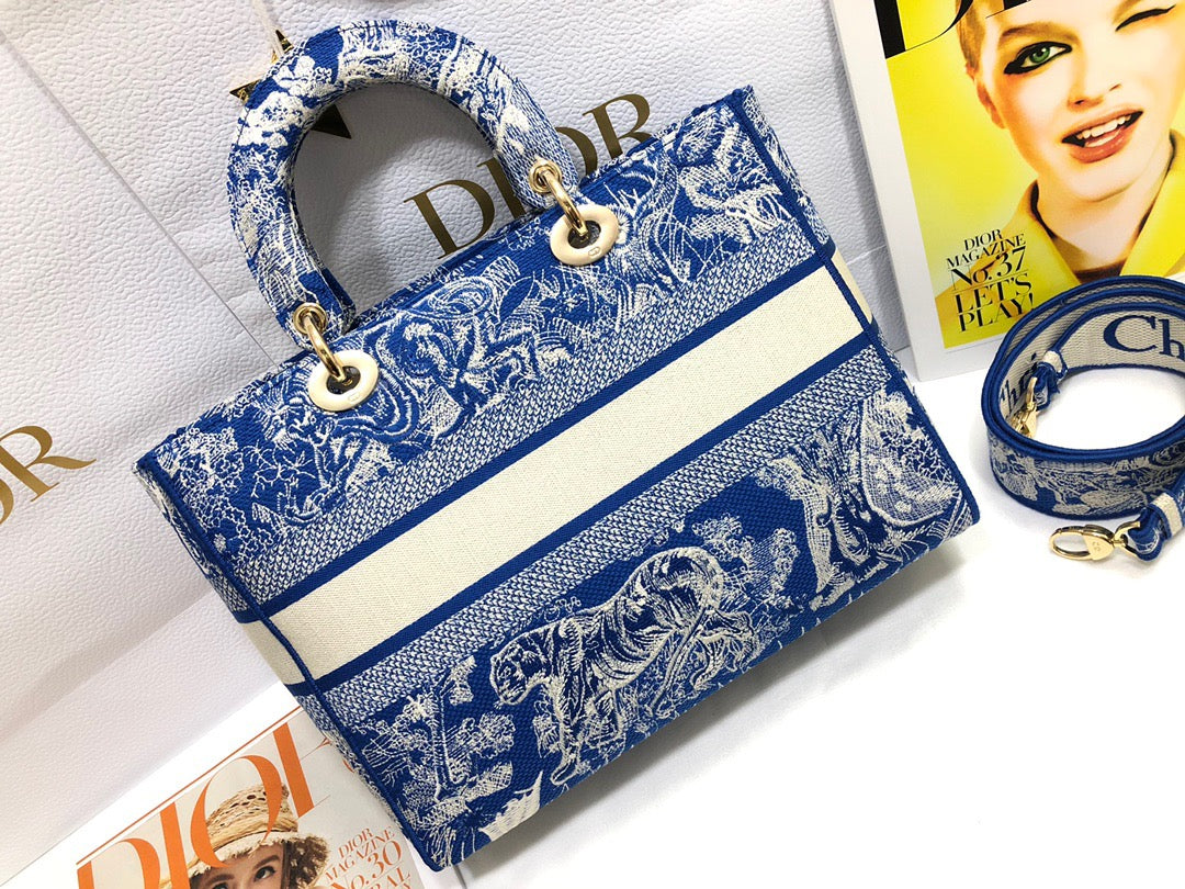 Dior Lady D-Lite Large Bag In Dark Blue Toile de Jouy Embroidery