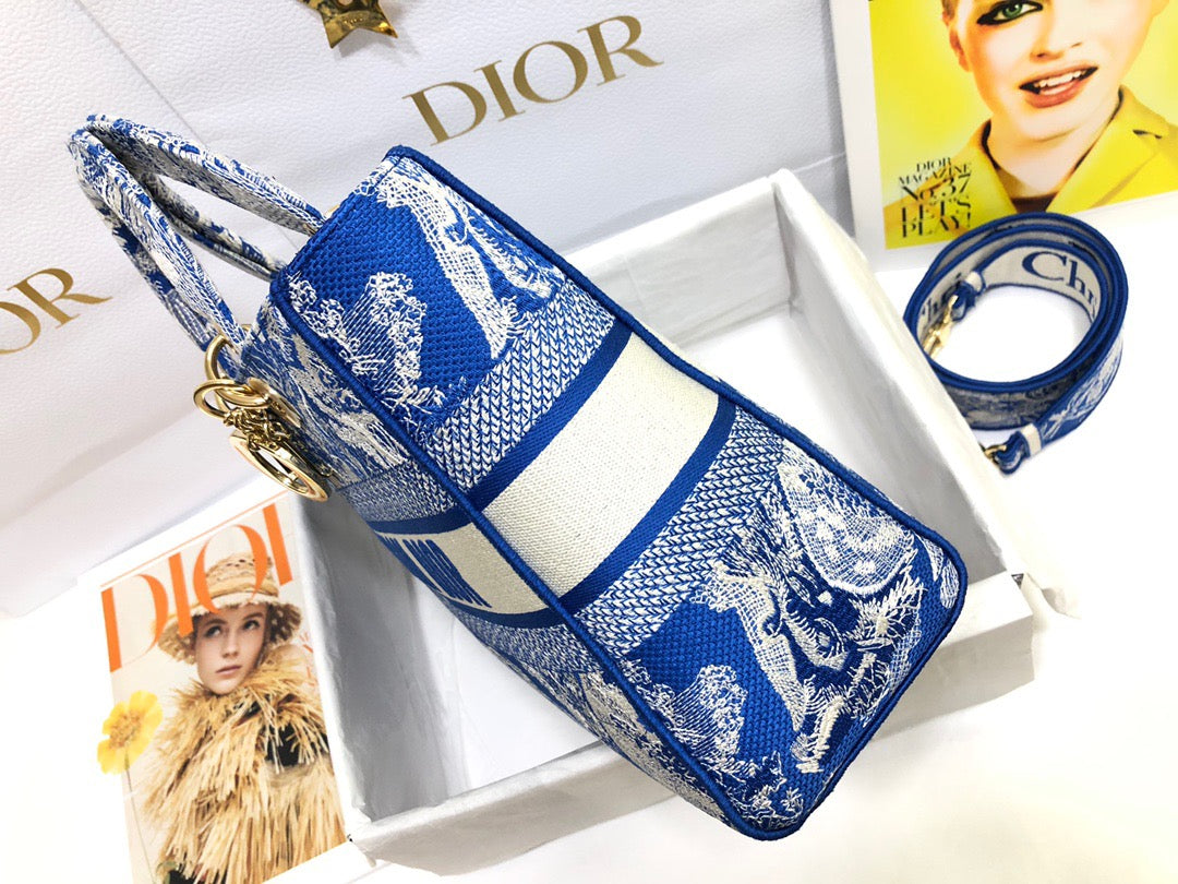 Dior Lady D-Lite Large Bag In Dark Blue Toile de Jouy Embroidery