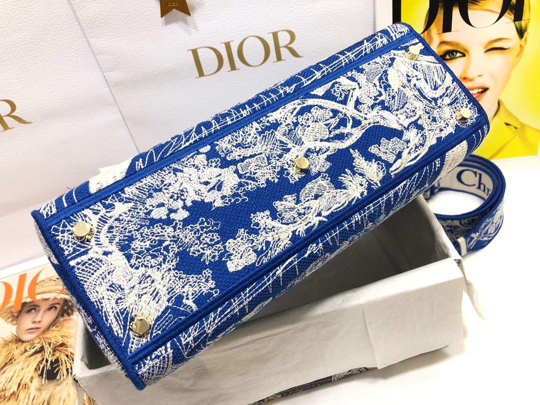 Dior Lady D-Lite Large Bag In Dark Blue Toile de Jouy Embroidery