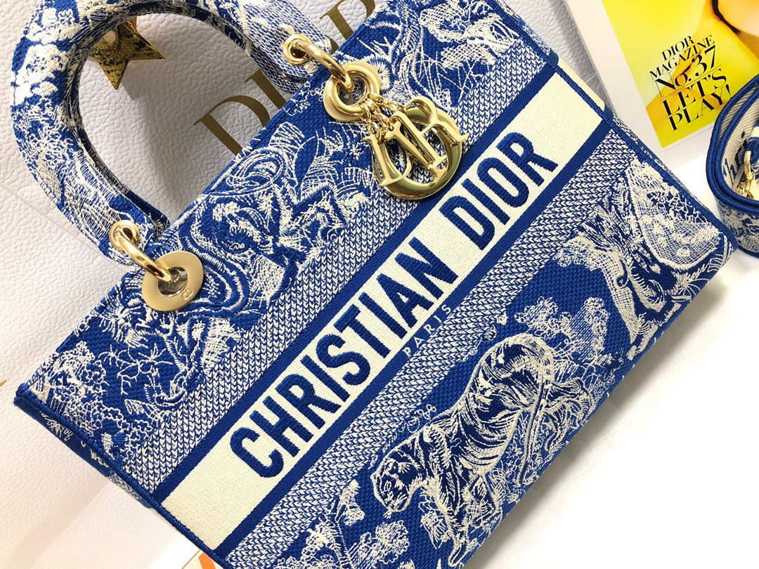 Dior Lady D-Lite Large Bag In Dark Blue Toile de Jouy Embroidery