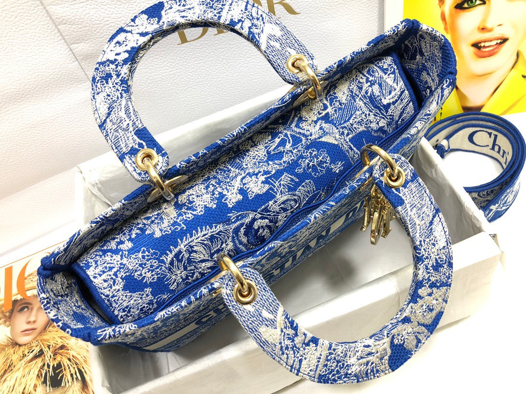 Dior Lady D-Lite Large Bag In Dark Blue Toile de Jouy Embroidery